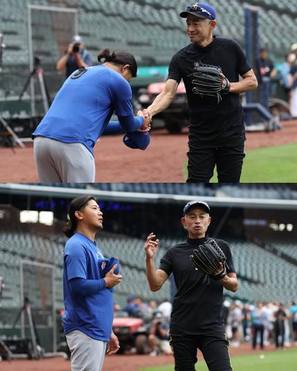 Two photos of Shota Imanaga meeting Ichiro Suzuki before the Cubs-Mariners game.